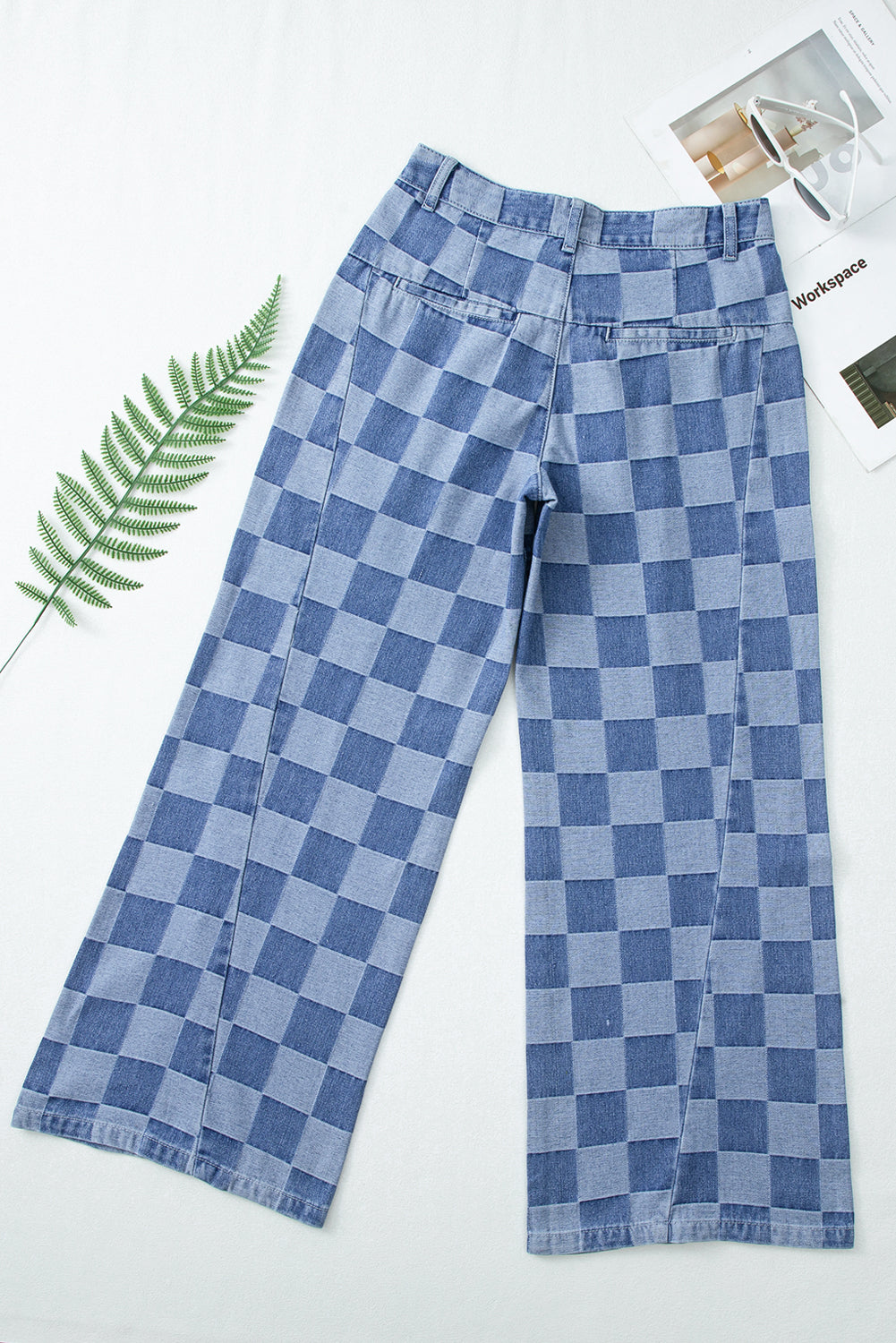 Checkered Light Washed Wide Leg Jeans