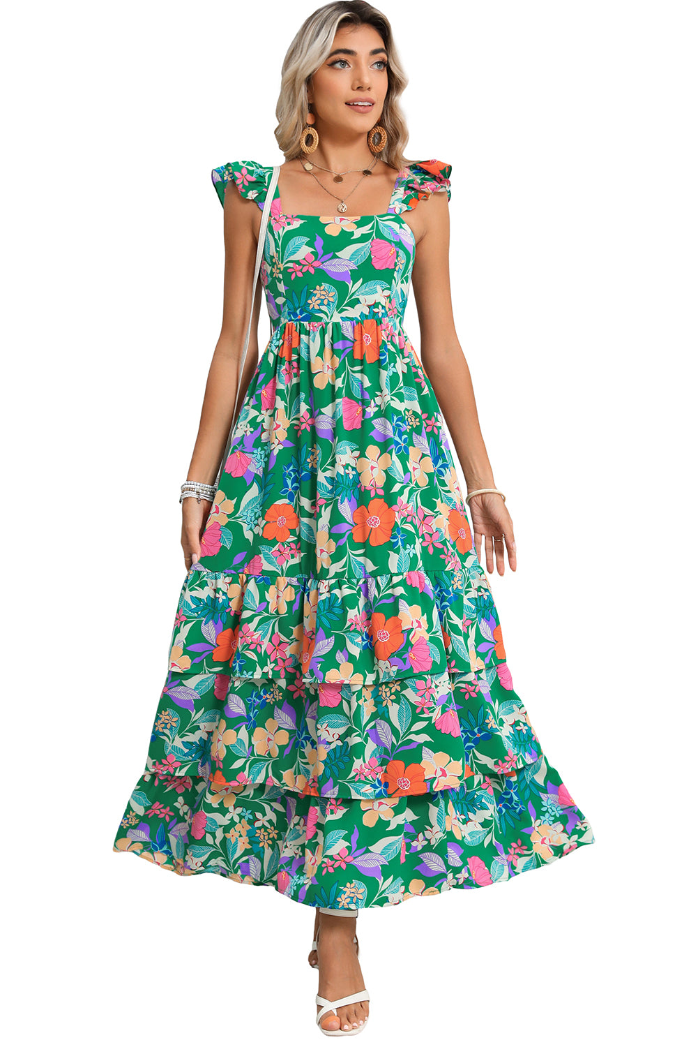 Boho Floral Print Ruffle Sleeveless Tiered Maxi Dress