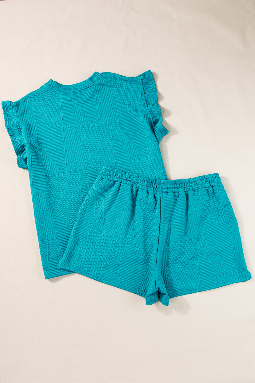 Textured Ruffle Split Top and Drawstring Shorts Set