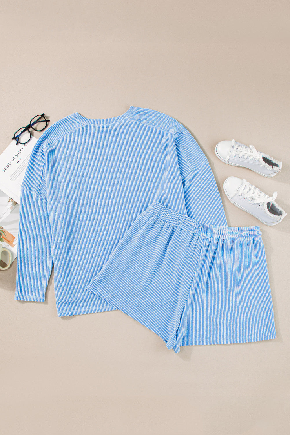 Light Blue Plus Size Ribbed Long Sleeve Top and Drawstring Shorts Set-Arriving 7/25