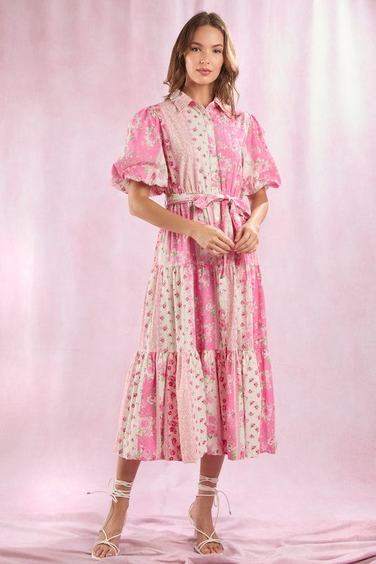Pink Floral Patchwork Printed Shorts Bubble Sleeve Maxi Dress