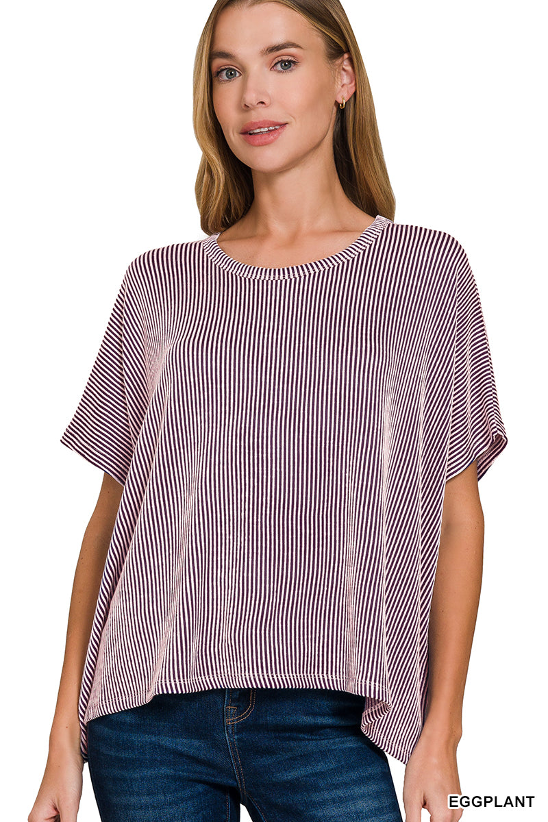 ZENANA RIBBED STRIPED OVERSIZED SHORT SLEEVE TOP