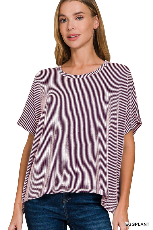ZENANA RIBBED STRIPED OVERSIZED SHORT SLEEVE TOP