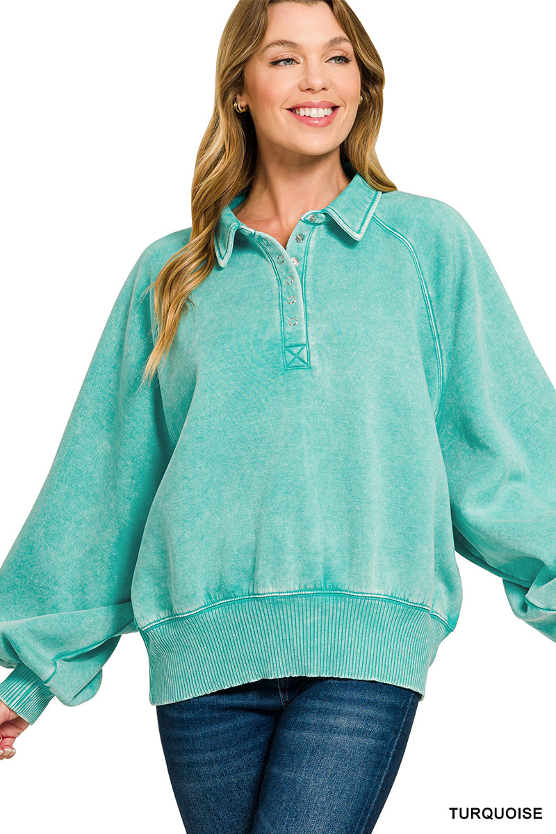 Zenana Acid Wash Buttoned Up Pullover