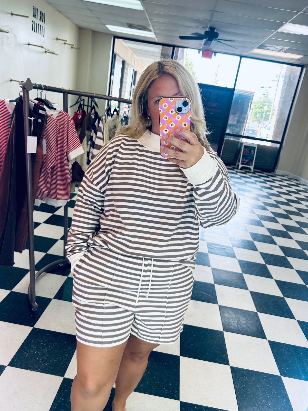 Mocha Striped Mock Neck Shorts Set