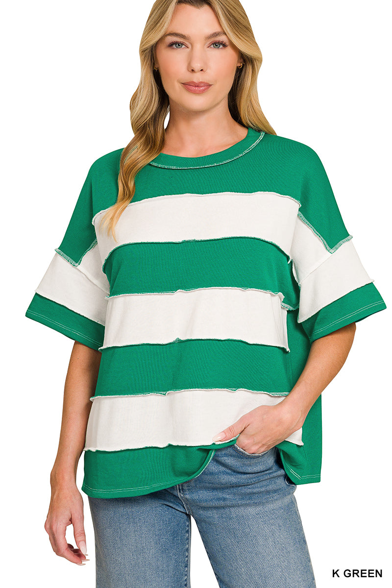 FRENCH TERRY STRIPED EXPOSED SEAM TOP