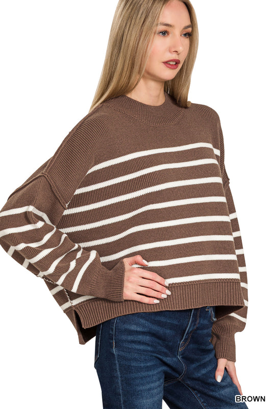 Zenana Striped Exposed Seam Sweater