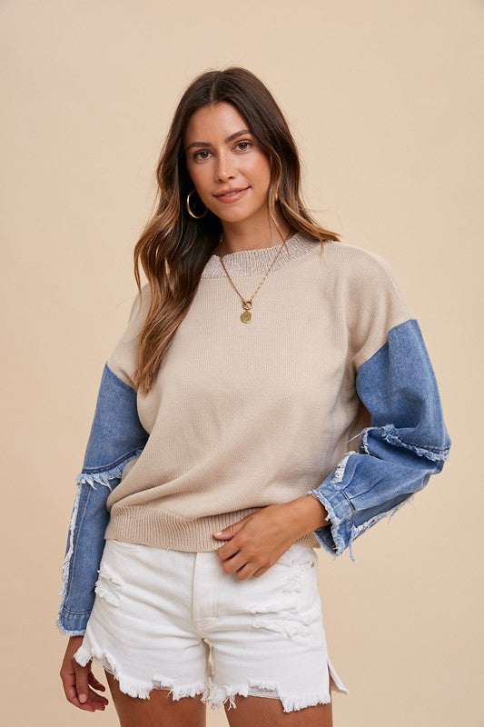 OATMEAL DENIM SLEEVE DISTRESSED
SWEATER TOP