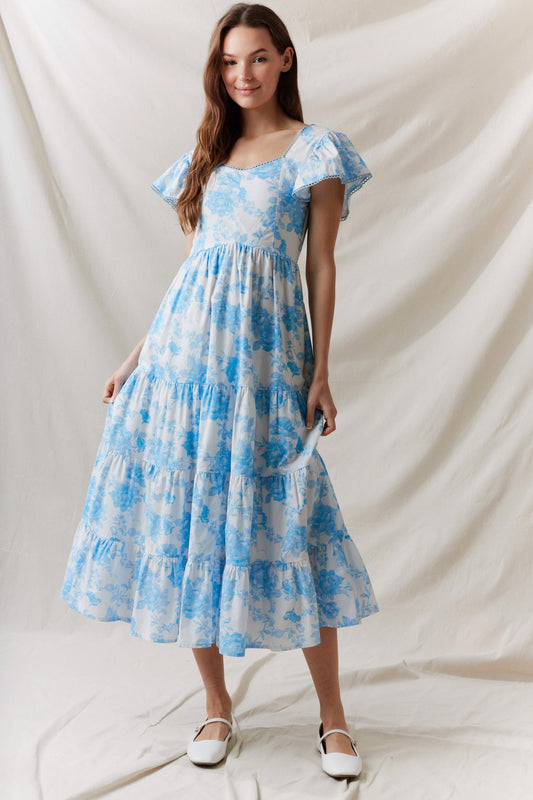 Blue Floral Puff Sleeve Dress
