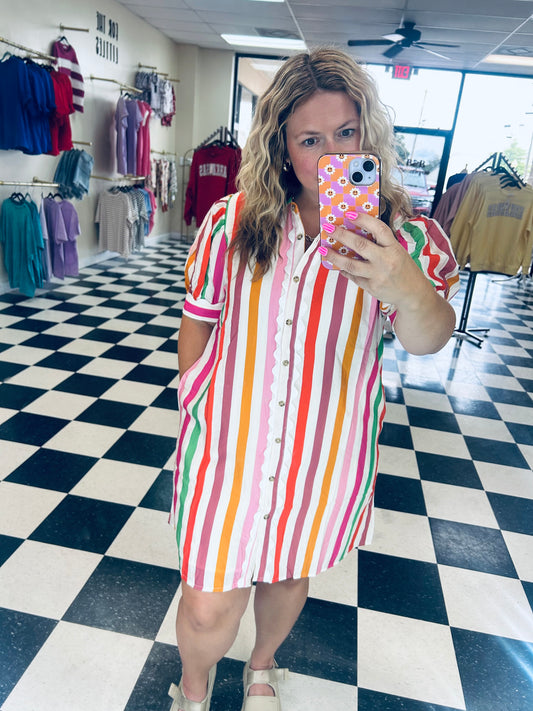 RAINBOW STRIPED BUTTON DOWN SHIRT DRESS