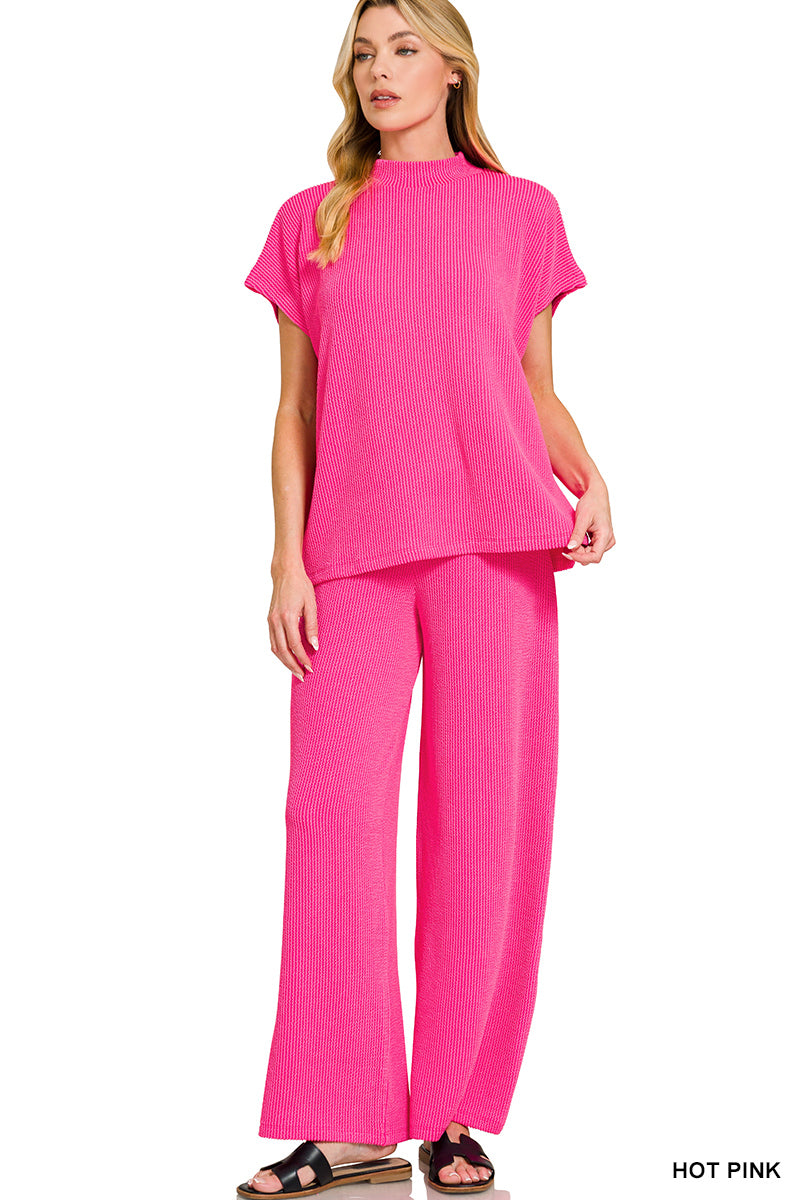 Zenana Mock Neck Ribbed Pants Set
