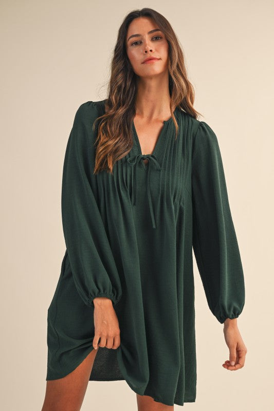 Hunter Green Pintuck Detail Front Tie Dress