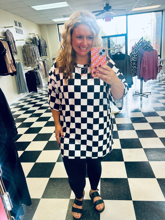 Black/White Checkered Top with slit sides