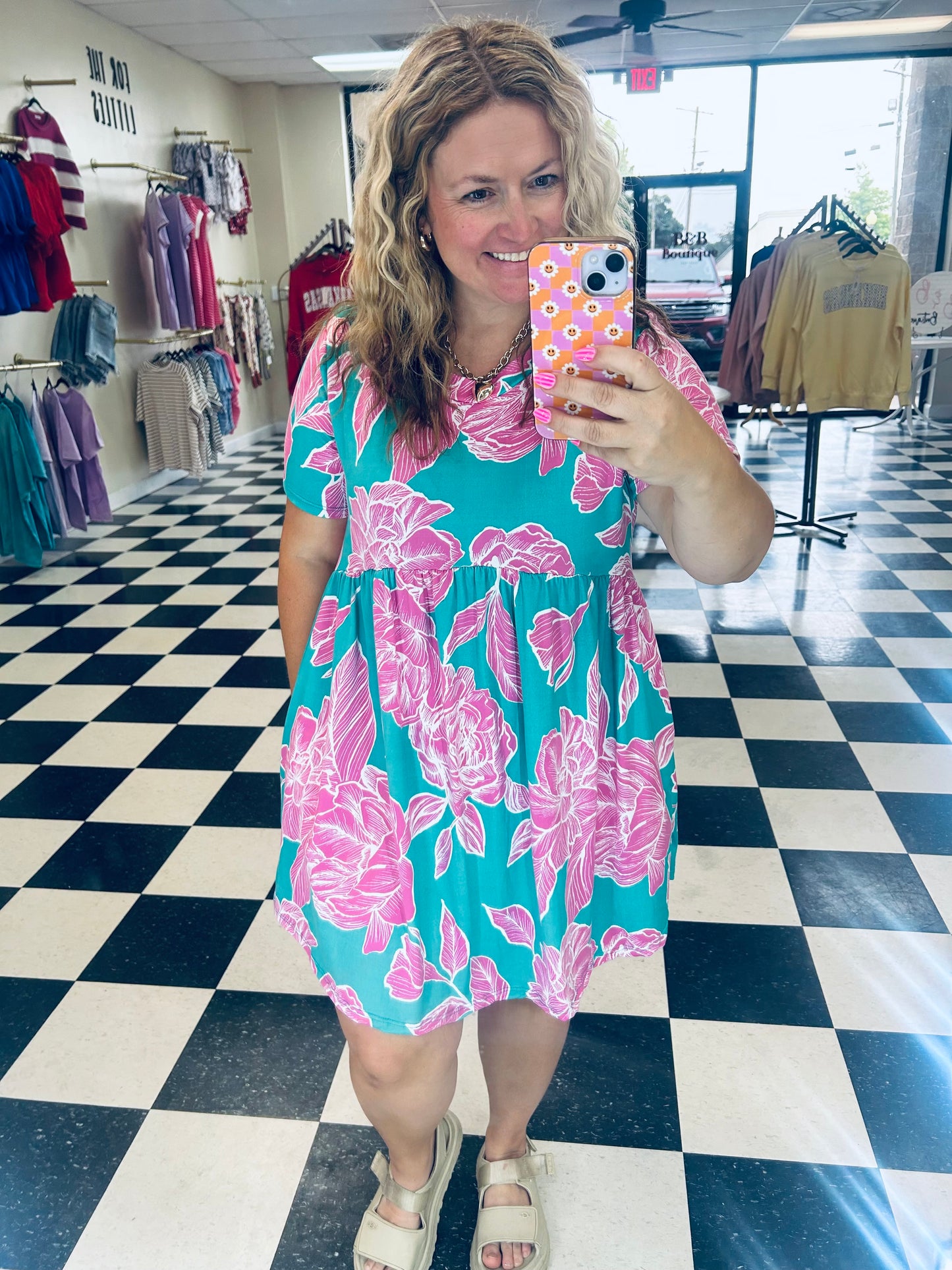 TEAL AND PINK FLORAL BABY DOLL DRESS