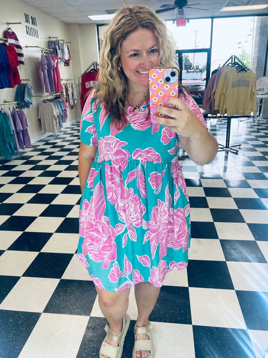TEAL AND PINK FLORAL BABY DOLL DRESS