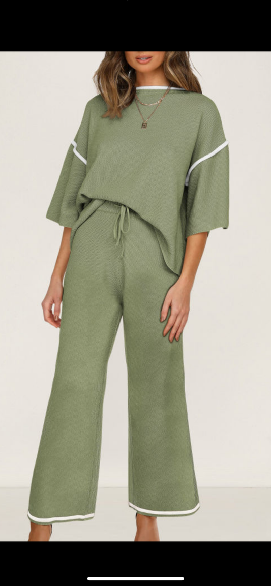 Emerald White Trim Pants Set