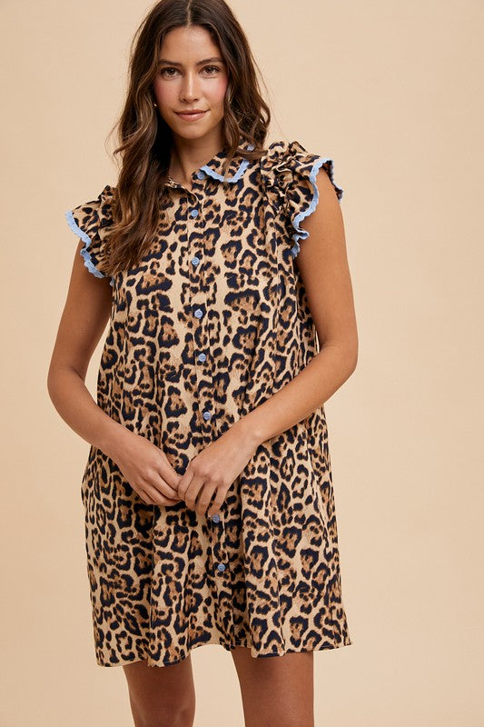 Leopard Print Ruffle Sleeve Button Down Dress