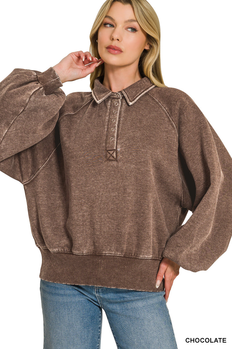 Zenana Acid Wash Buttoned Up Pullover