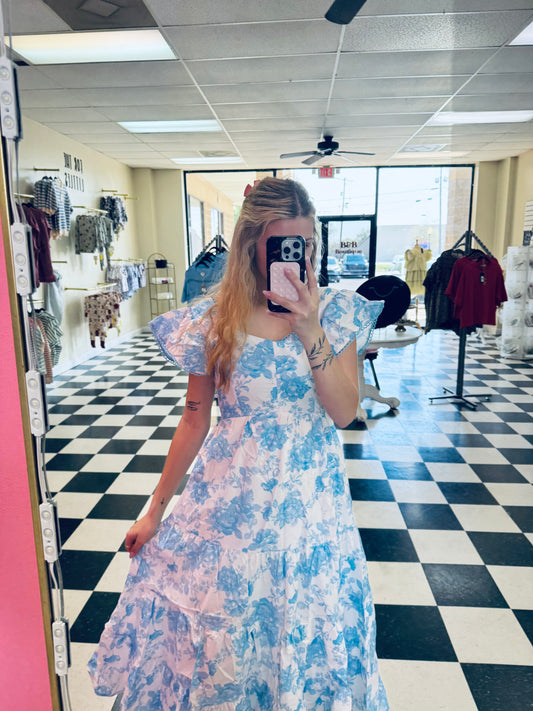 Blue Floral Puff Sleeve Dress
