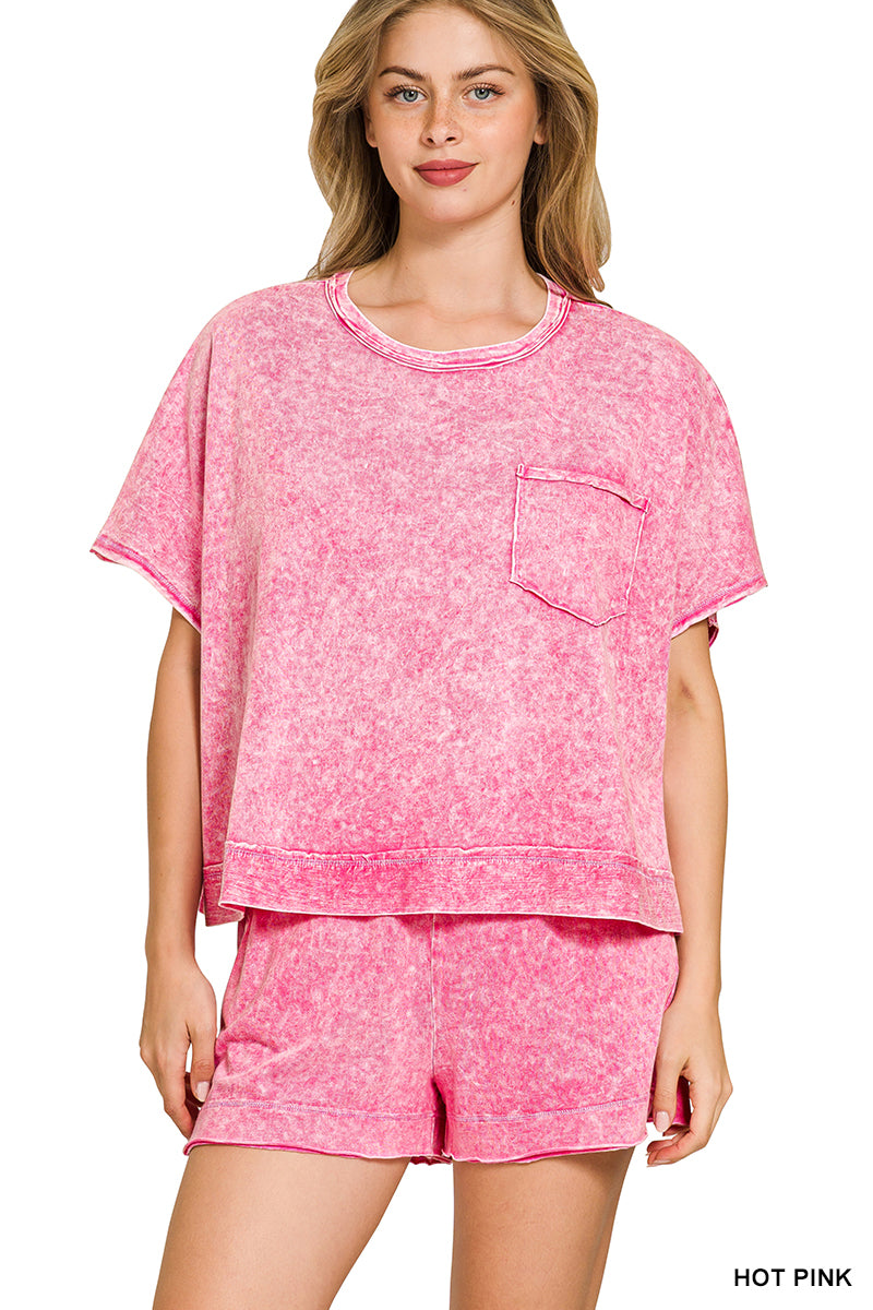 ZENANA HALO SNOW WASHED BOXY TOP & SHORTS SET