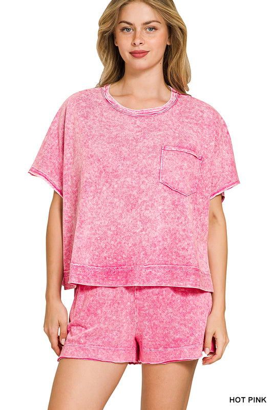 ZENANA HALO SNOW WASHED BOXY TOP & SHORTS SET