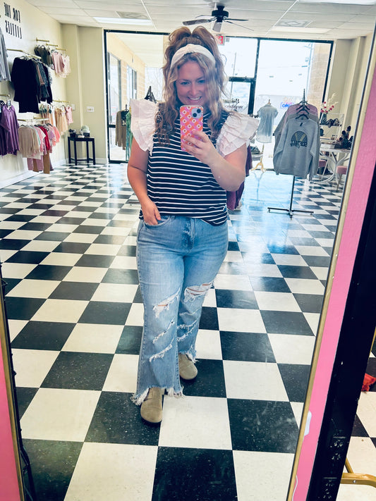 Navy Striped Flutter Sleeve Top