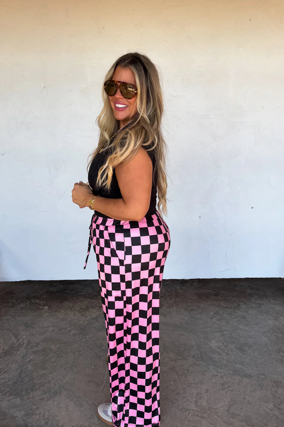 PREORDER- HADDIE WIDE LEG PINK/BLACK CHECKERED PANTS