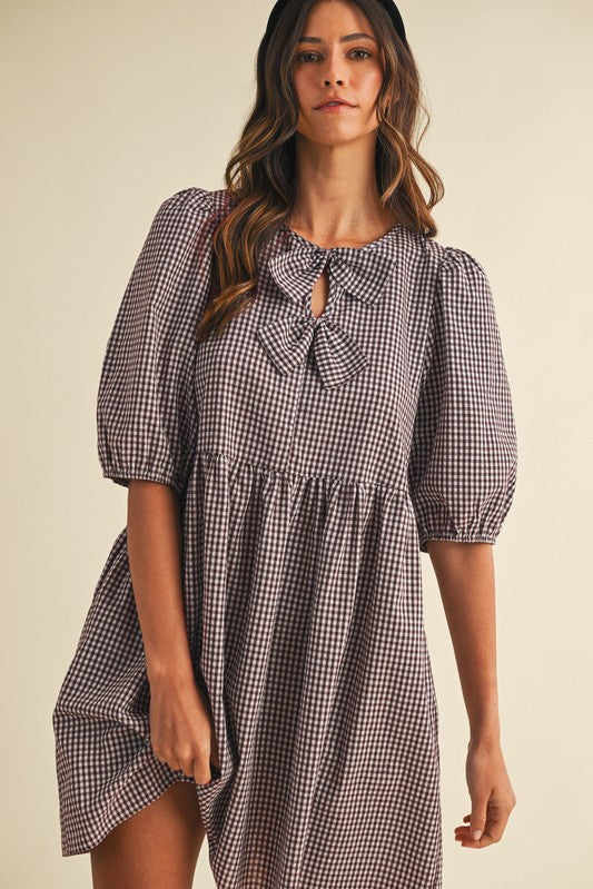 BROWN GINGHAM CHECK FRONT BOW DETAIL DRESS
