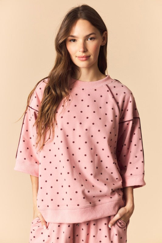 Pink/Burgundy Polka Dot French Terry Top