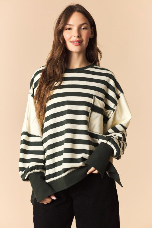 Hunter Green/Ivory Striped French Terry Pullover