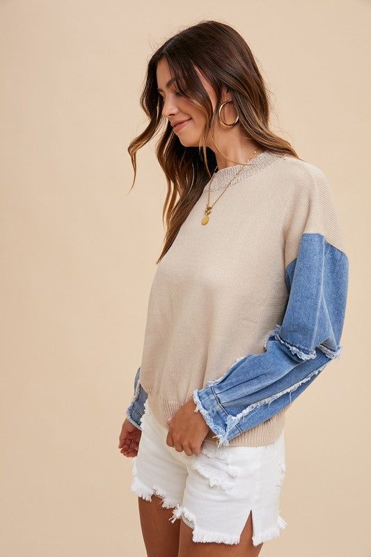OATMEAL DENIM SLEEVE DISTRESSED
SWEATER TOP