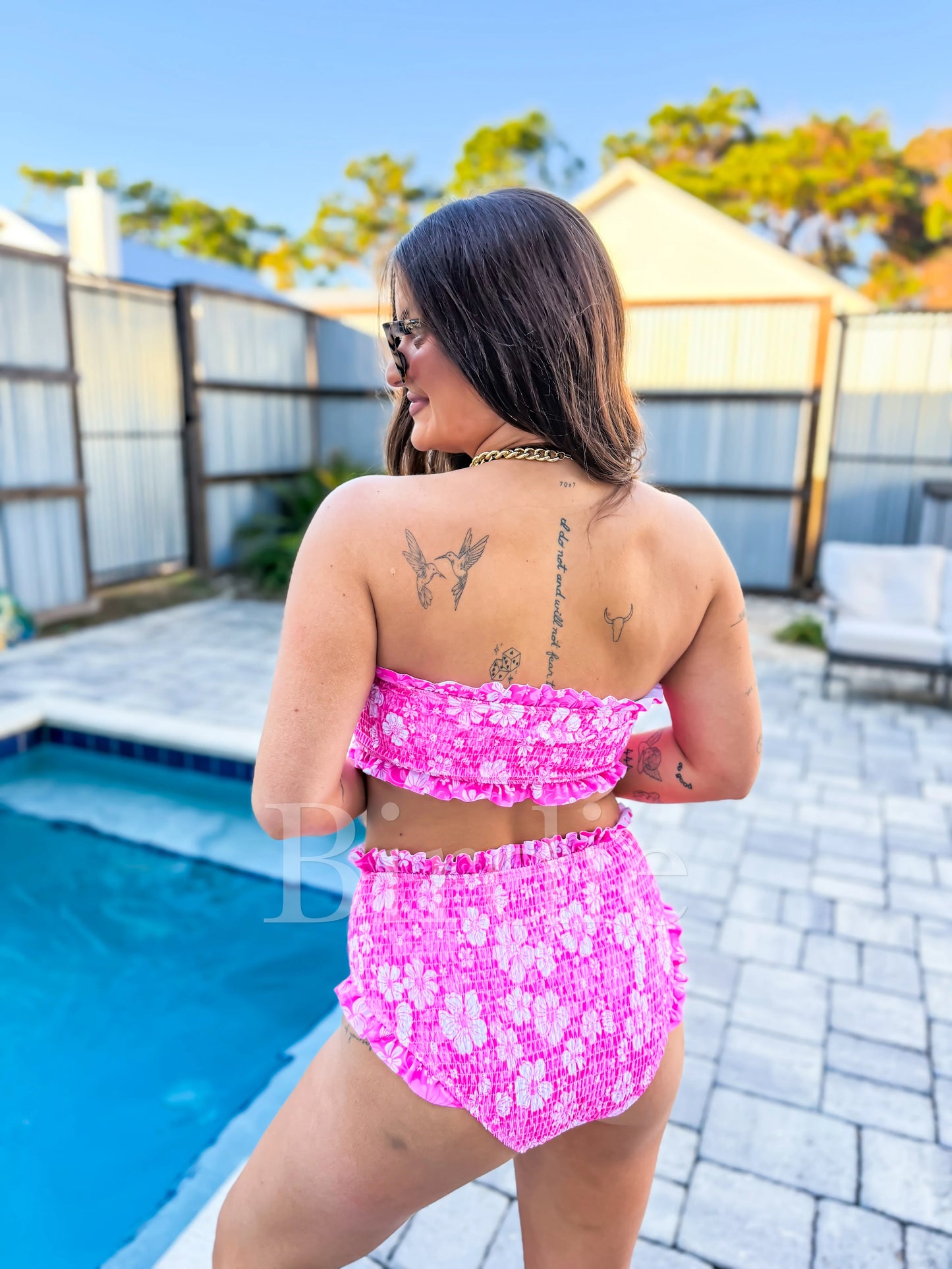 BIRDIE Ruffle Bandeau Two Piece Swimsuit in Island Petal Pink (Sold as Set)