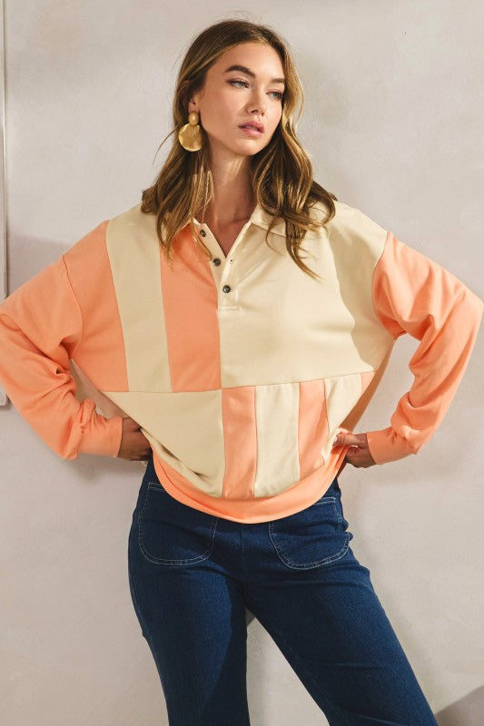 Ivory/Coral Soft Collar Half Button Down Top