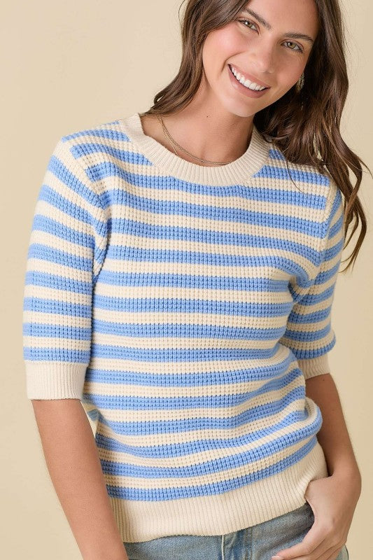 Short Sleeve Sweater Knit Stripe Top