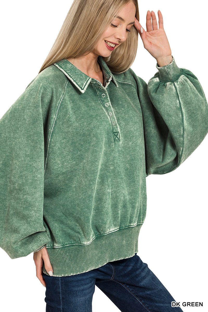 Zenana Acid Wash Buttoned Up Pullover