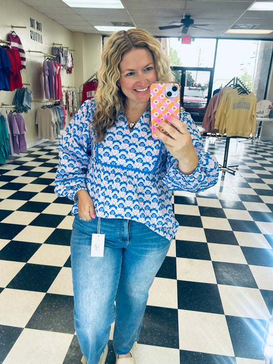 FLORAL PRINT BALLOON SLEEVE V NECK BLOUSE