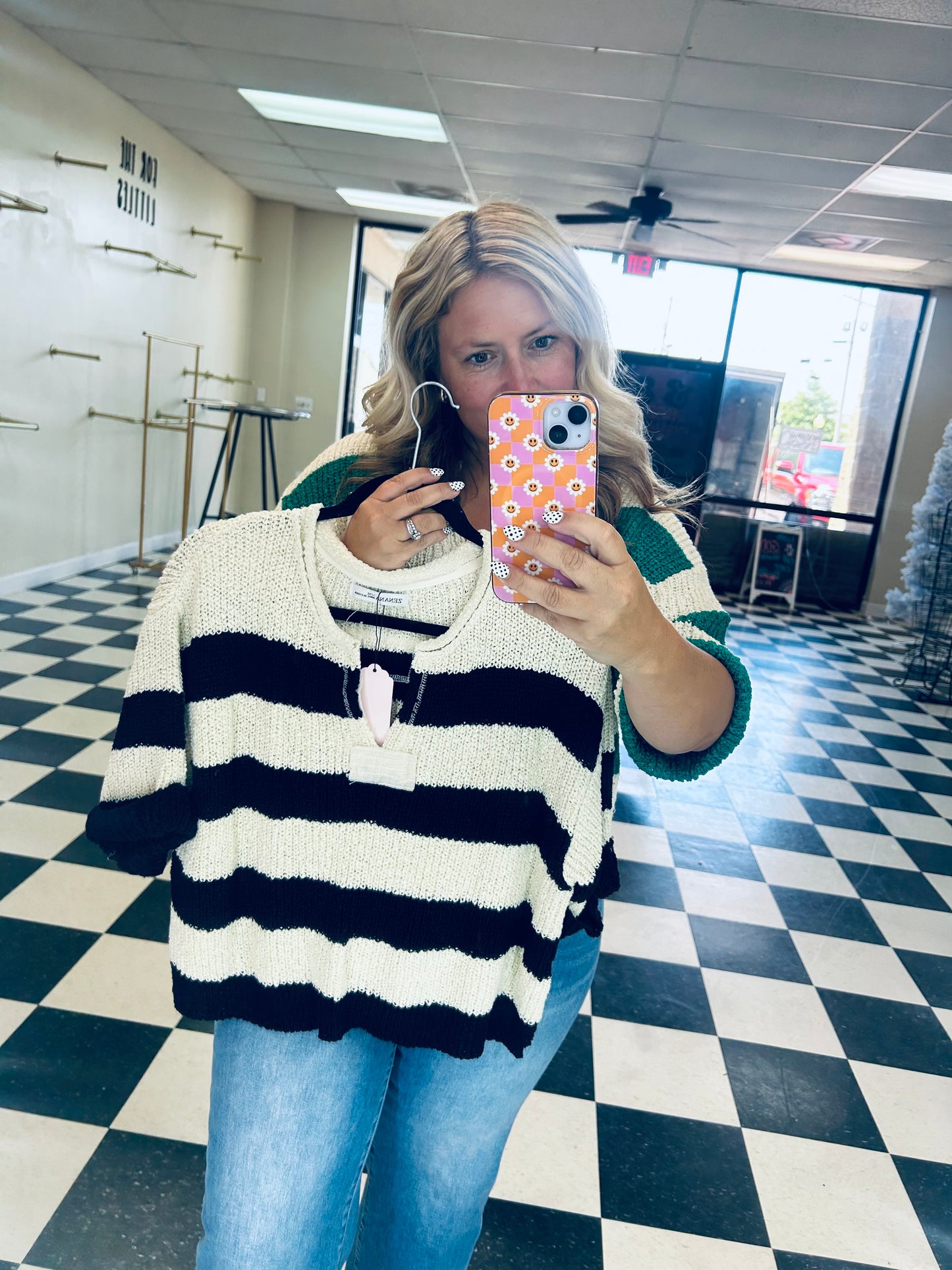 ZENANA SPLIT NECK STRIPE SWEATER
