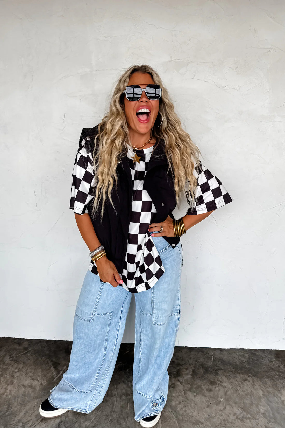 Black/White Checkered Top with slit sides