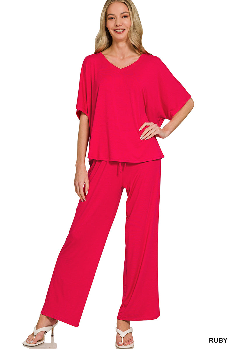 Zenana V-Neck Oversized Top & Pants Set