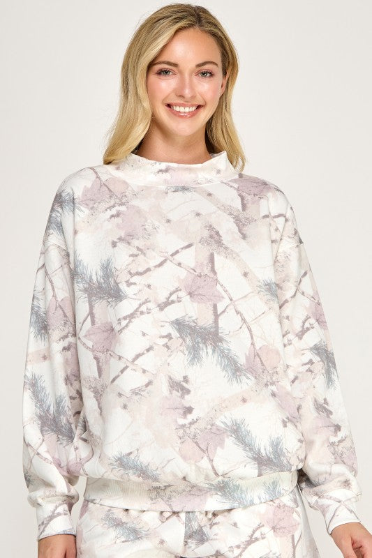 Relaxed Fit Oversized Camo Mock Neck