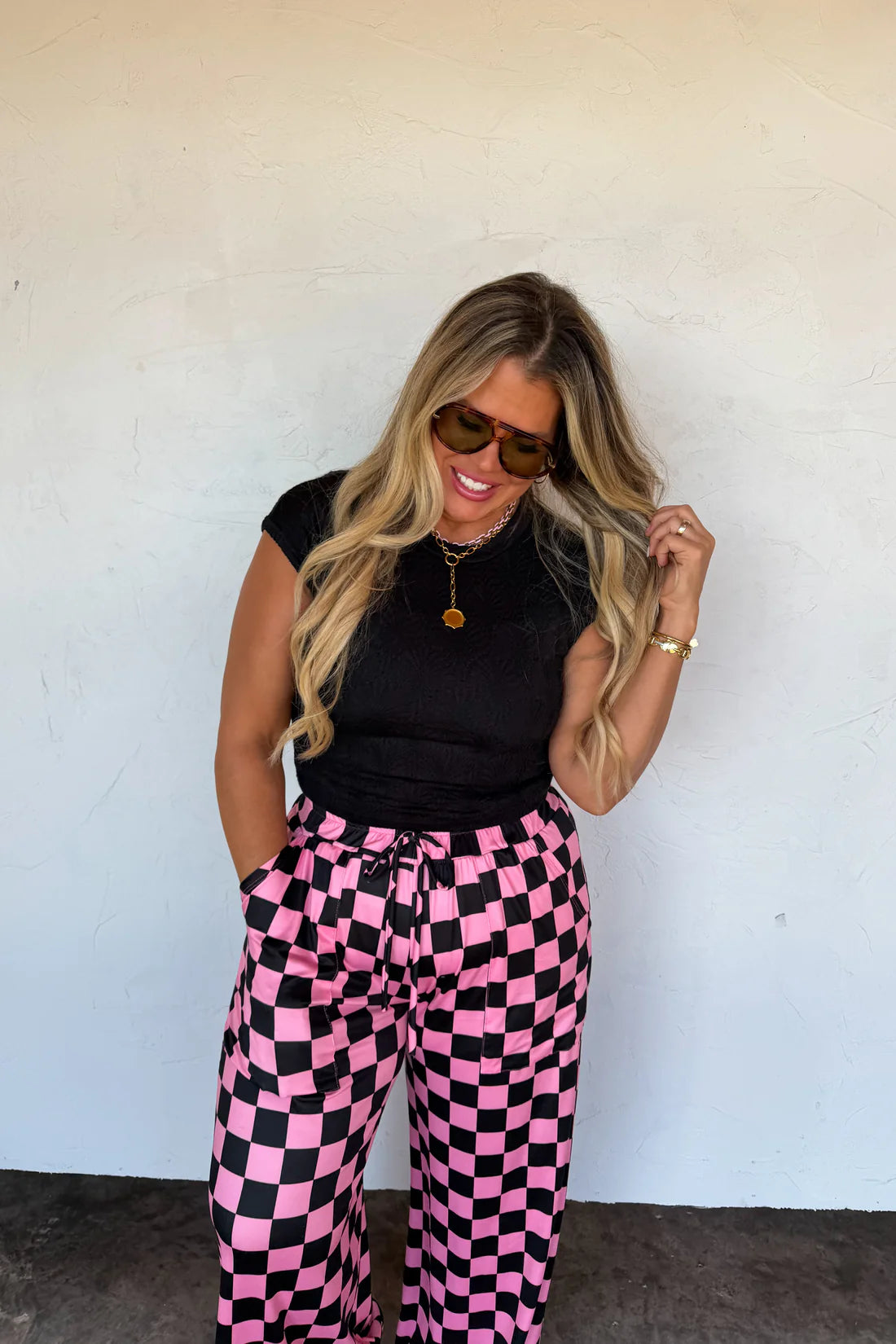 PREORDER- HADDIE WIDE LEG PINK/BLACK CHECKERED PANTS