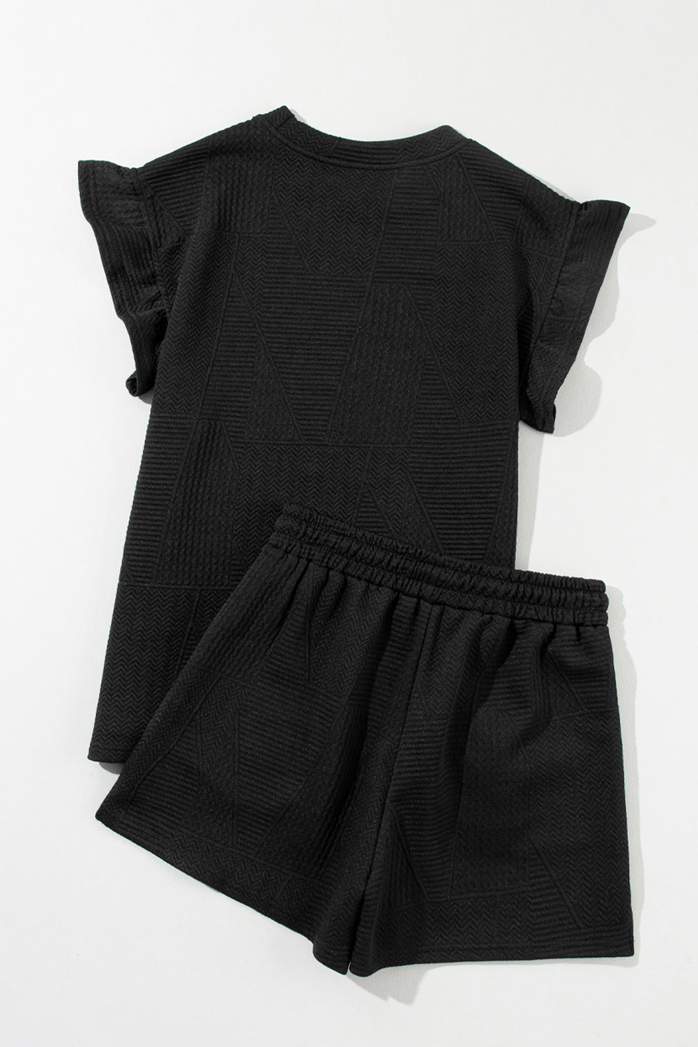 Textured Ruffle Split Top and Drawstring Shorts Set