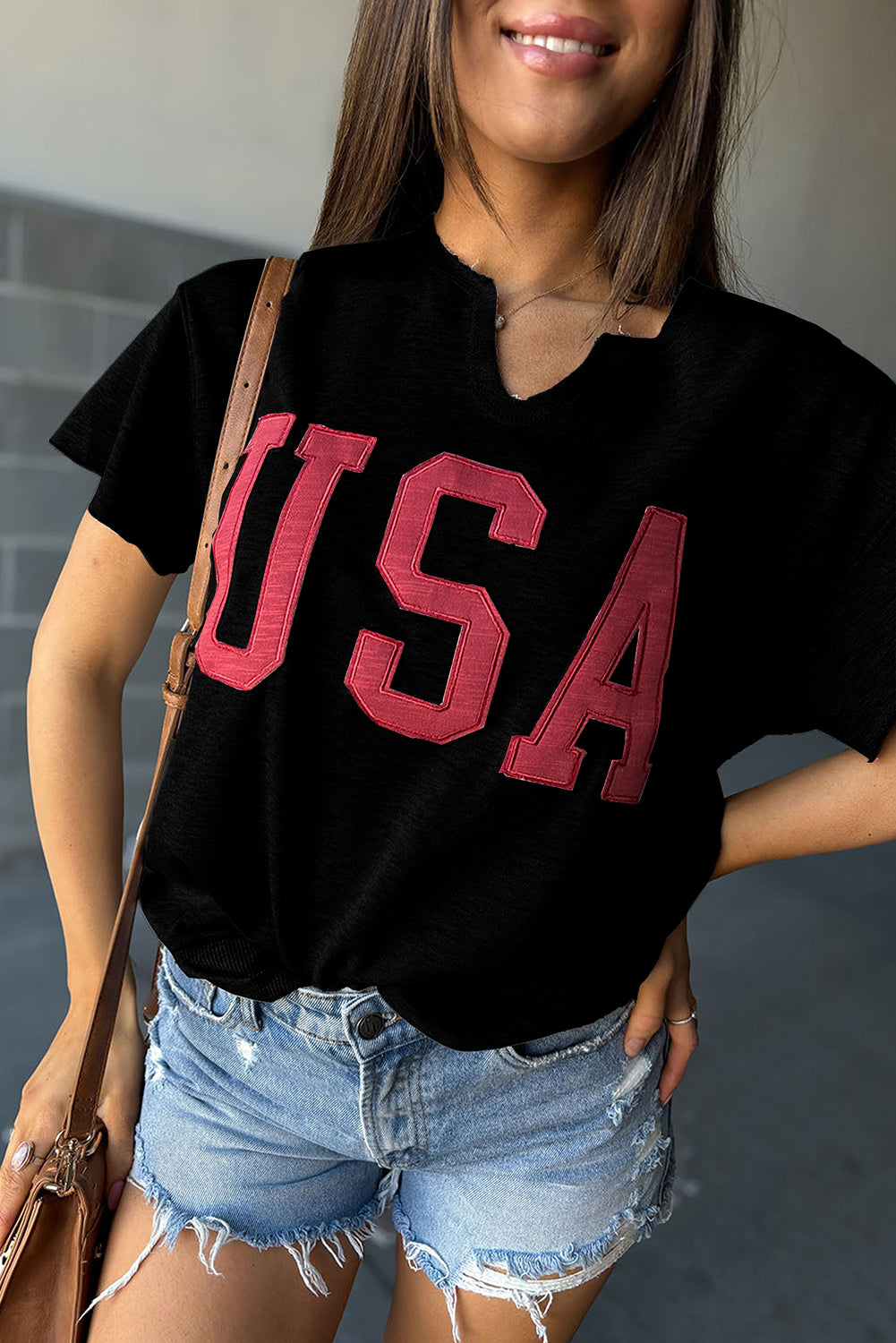 Light Grey USA Letter Patch Notched Neck Loose Tee