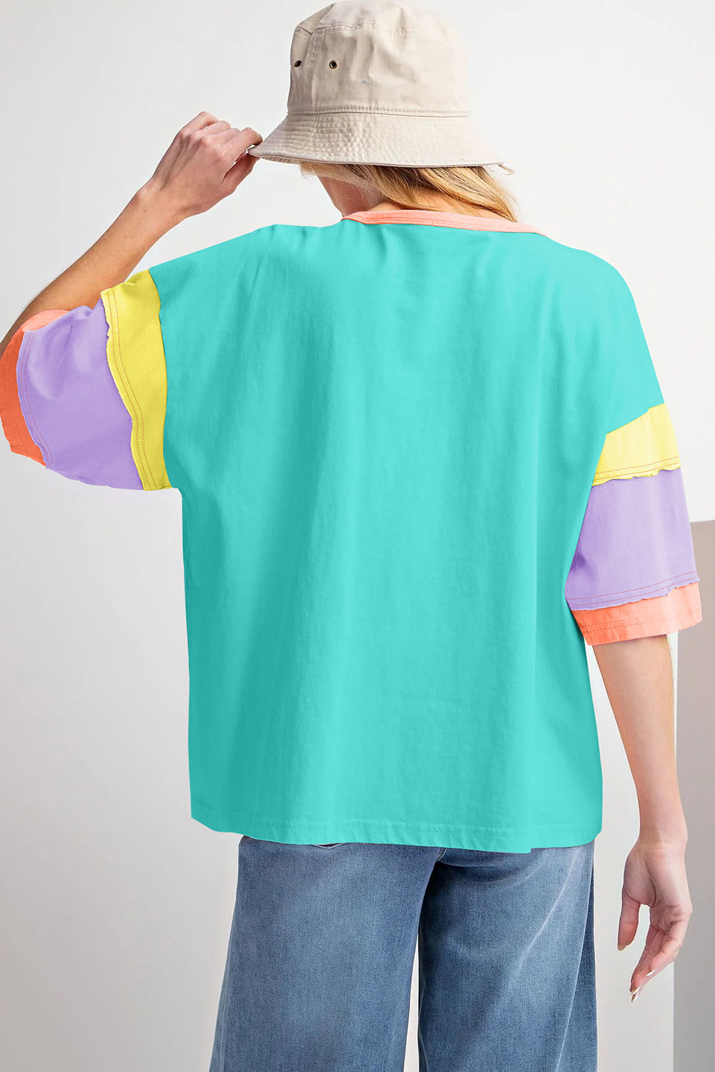 Pink Color Block Sleeve Round Neck Oversize Top-ETA Ship Date 5/23