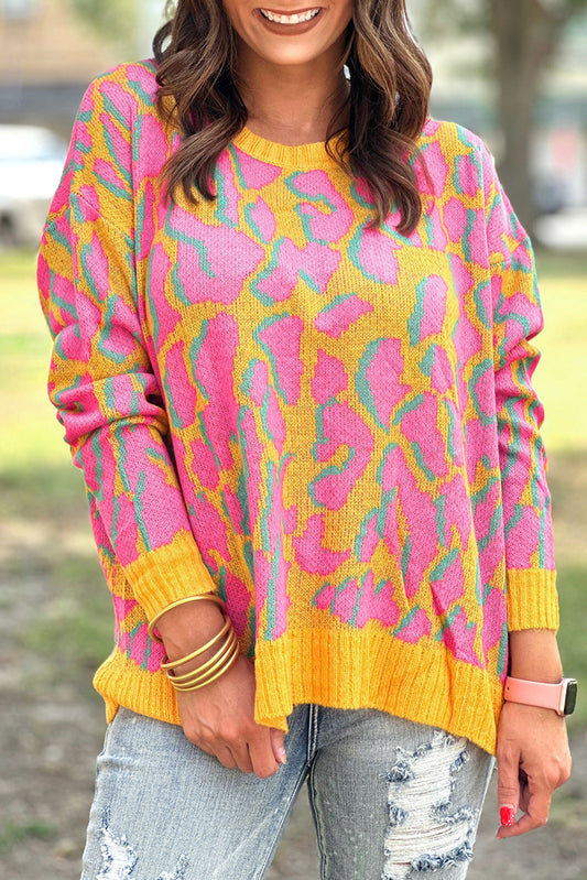 Orange Abstract Print Ribbed TrimSweater