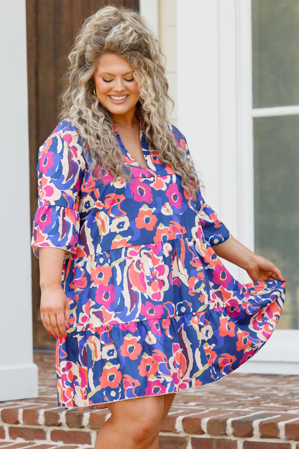 Curvy Blue Floral Print Bell Sleeve Mini Dress