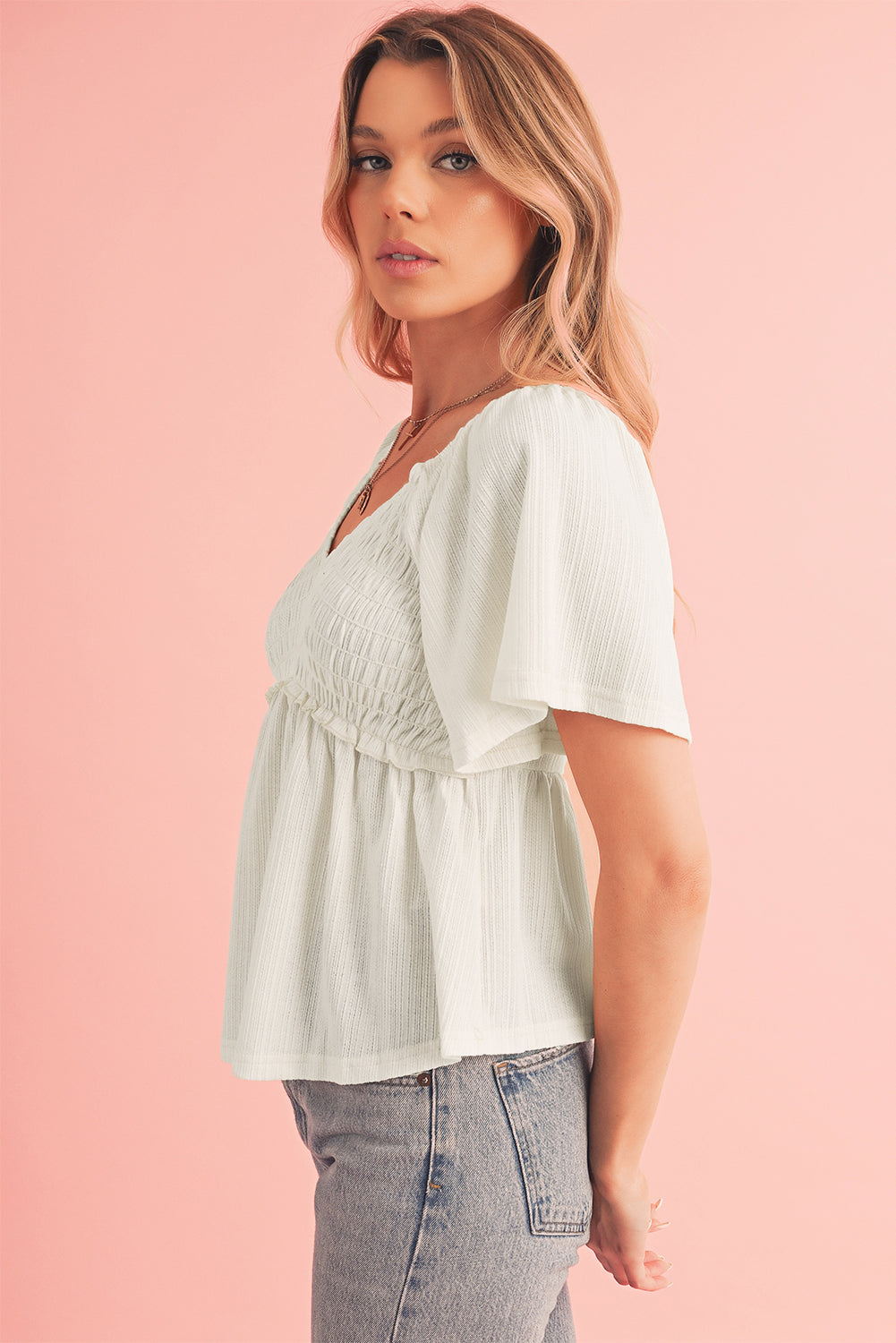 Shirred V Neck Short Flutter Sleeve Textured Blouse