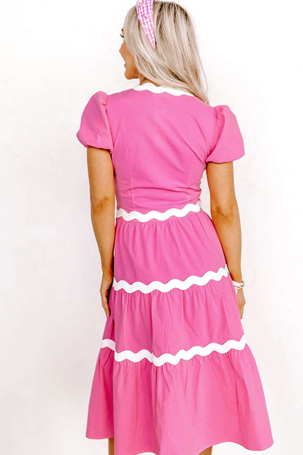 Pink Puff Sleeve Flowy Midi Dress