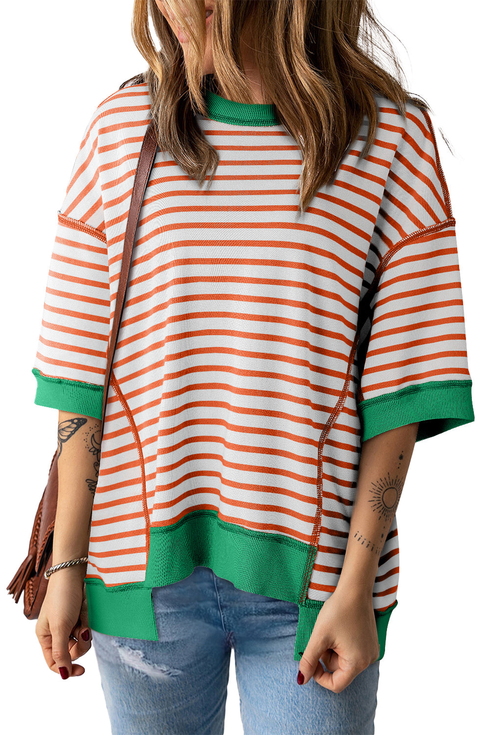 Stripe Colorblock Drop Sleeve Oversized T Shirt