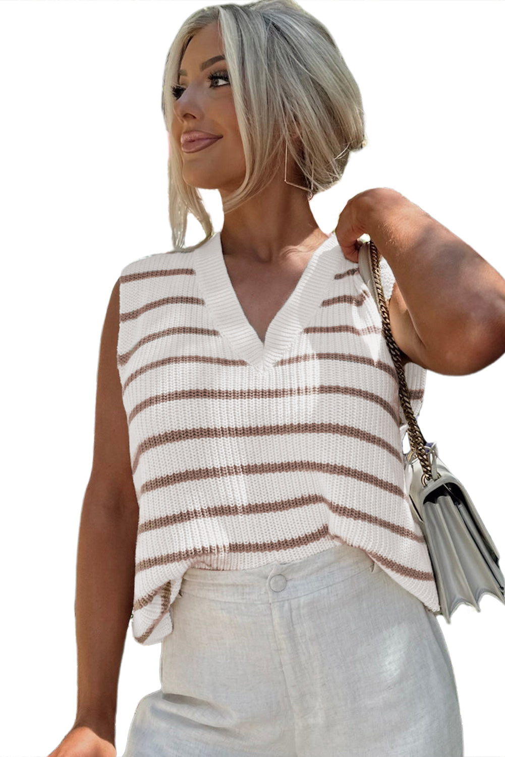 Khaki Stripe V Neck Loose Knitted Vest